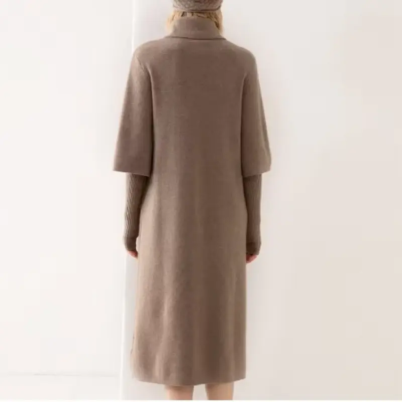 Women's High-end brand cashmere dress, thick five-sleeve lapel long dress for autumn and winter, polo collar mid-sleeve dress( হাই-এন্ড ব্র্যান্ডের কাশ্মীরি পোশাক, শরৎ এবং শীতের জন্য পুরু পাঁচ-হাতা ল্যাপেল লম্বা পোশাক, পোলো কলার মিড-হাতা পোশাক)
